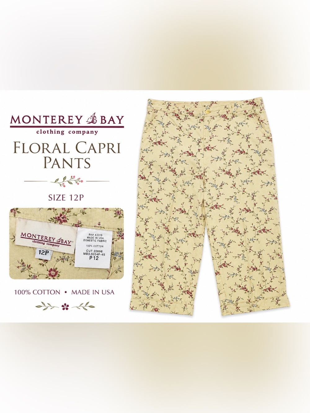 Vintage Floral Capri Pants - Cream with Red & Blue Floral - Size 12P